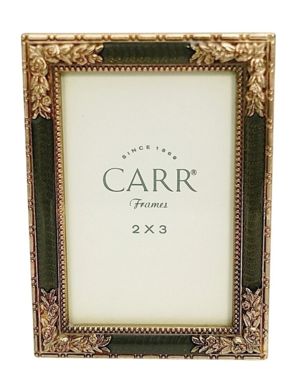 CARR Mini Photo Frame 2x3 Green Enamel Gold Roses Metal Picture Frame